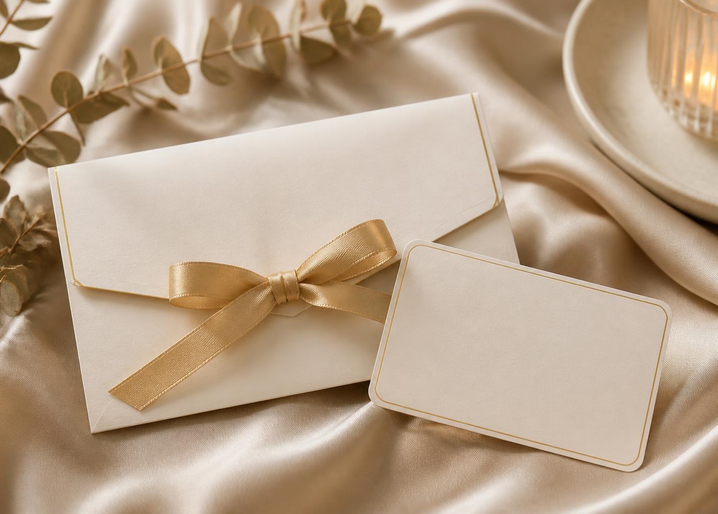 Carte cadeau Hotéva crème et or posée sur une soie beige